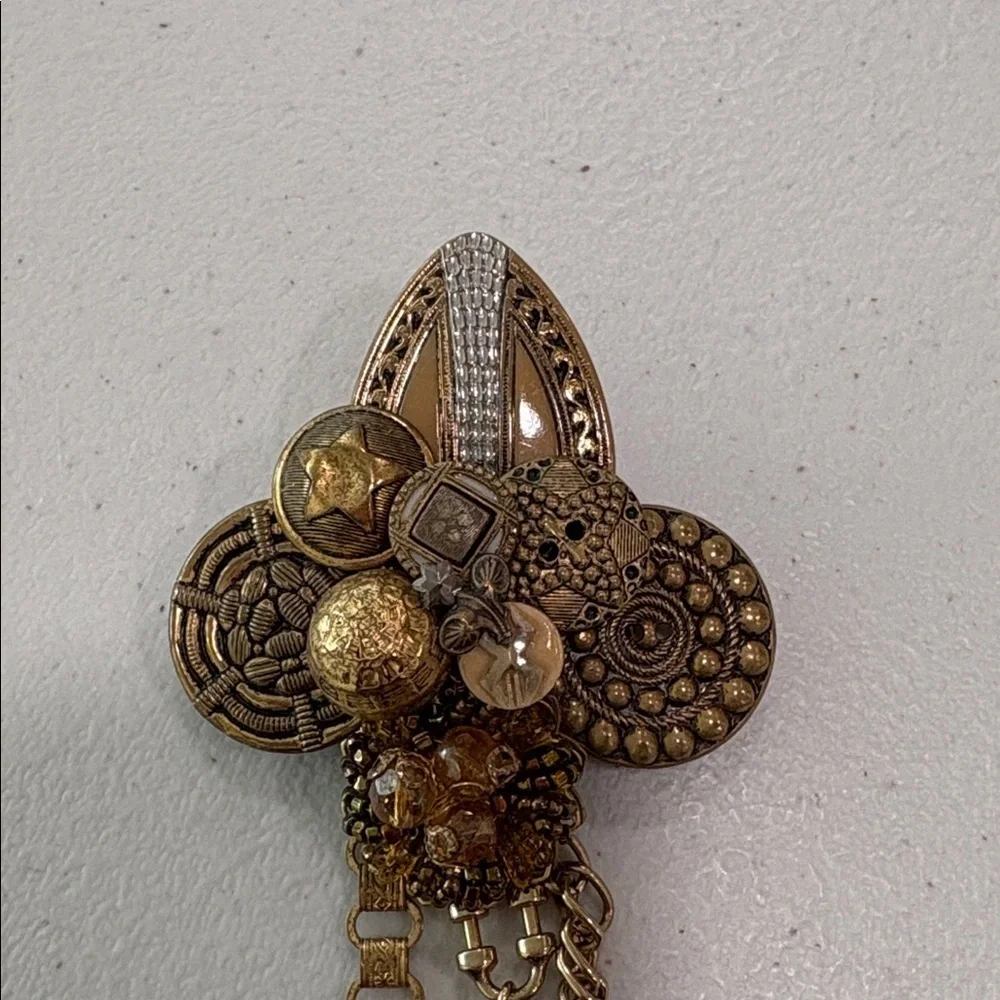 Vintage Glass & Metal Button Brooch with charms—BEAUTIFUL! Glass Beads—Artisan